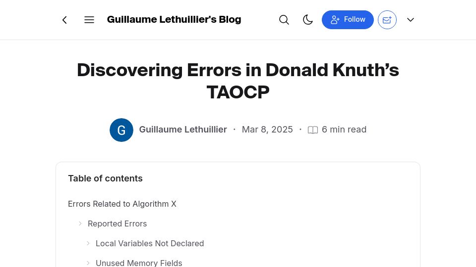 Screenshot of glthr.com: Discovering errors in Donald Knuth's TAOCP