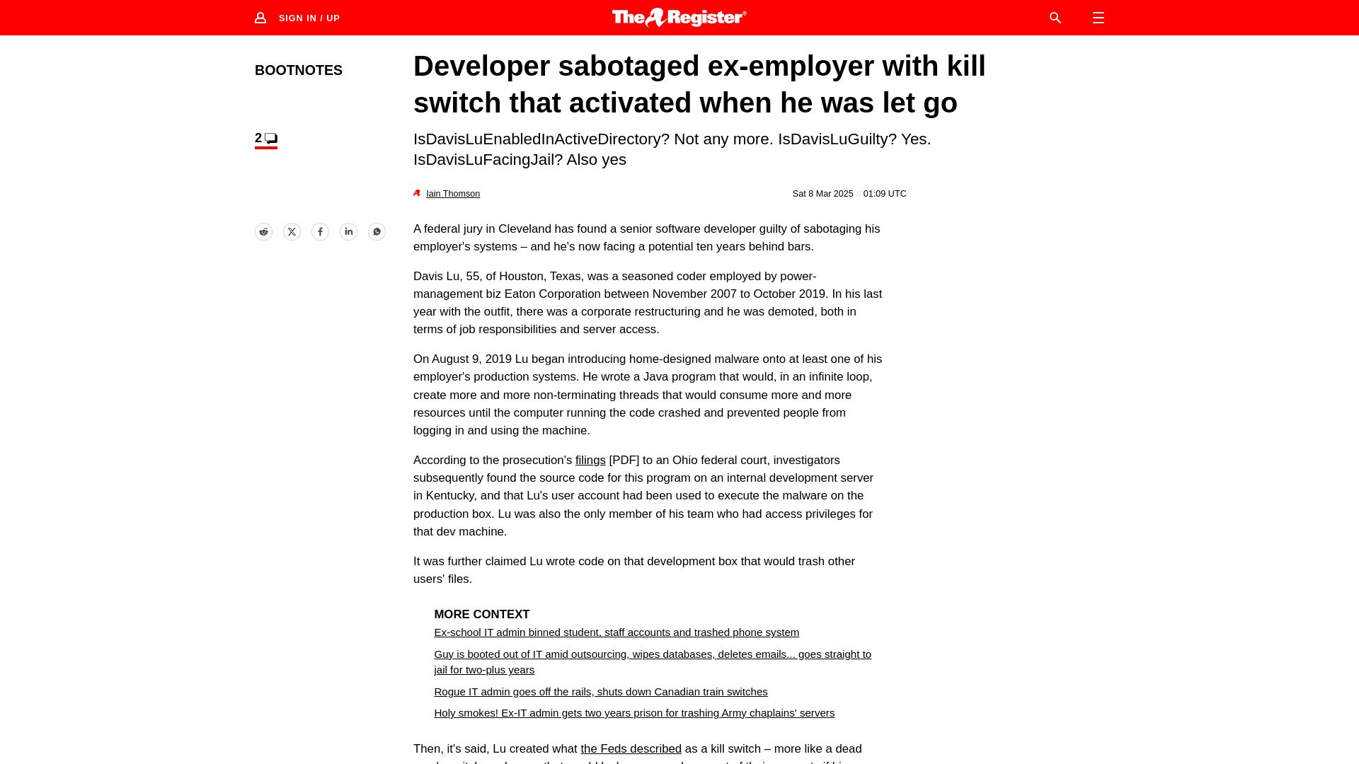 Screenshot of theregister.com: Developer sabotaged ex-employer with kill switch that activated when fired