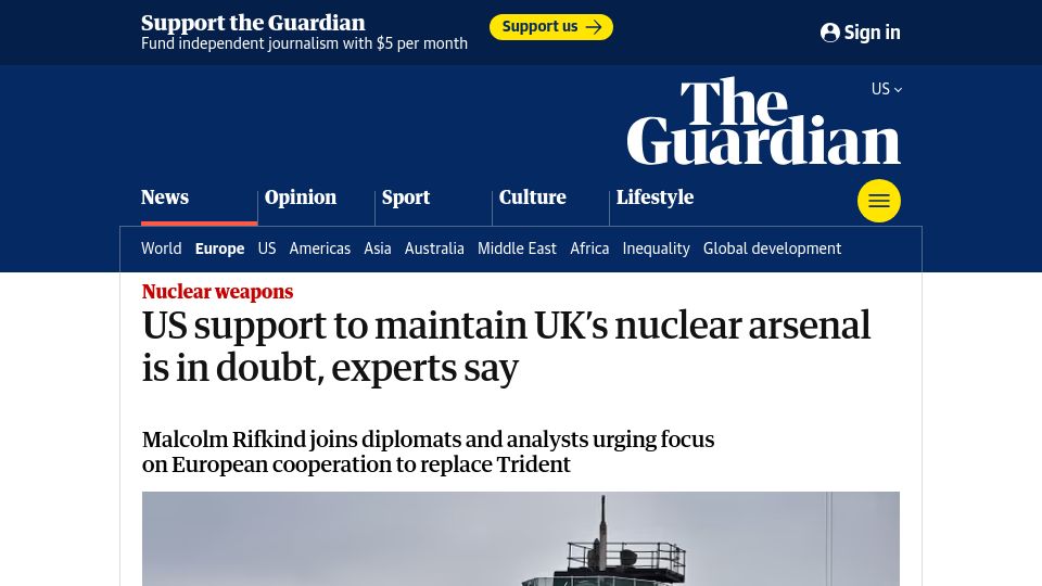 Screenshot of theguardian.com: US support to maintain UK's nuclear arsenal is in doubt