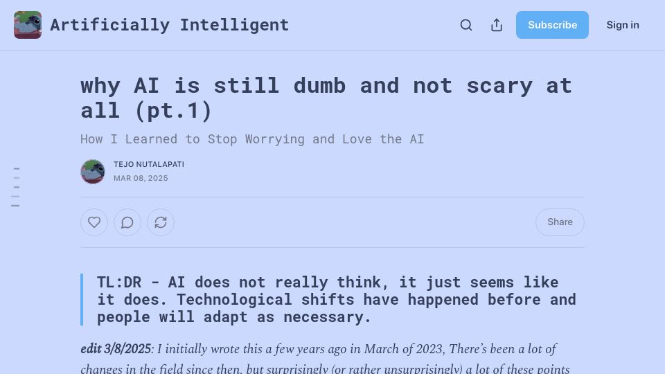 Screenshot of tejo.substack.com: Why AI is still dumb and not scary at all (pt. 1)