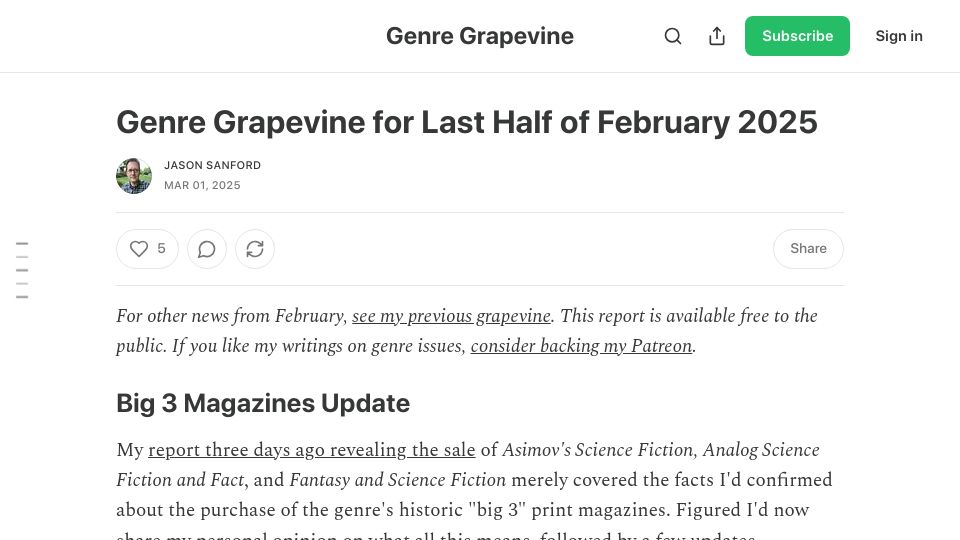Screenshot of jasonsanford.substack.com: "Big 3" science fiction magazines including Asimov's and Analog acquired