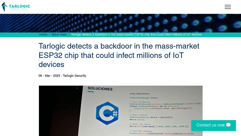 Screenshot of tarlogic.com: Backdoor detected in ESP32 Espressif IoT chip