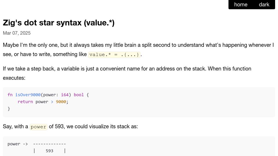 Screenshot of openmymind.net: Zig's dot star syntax (value.*)