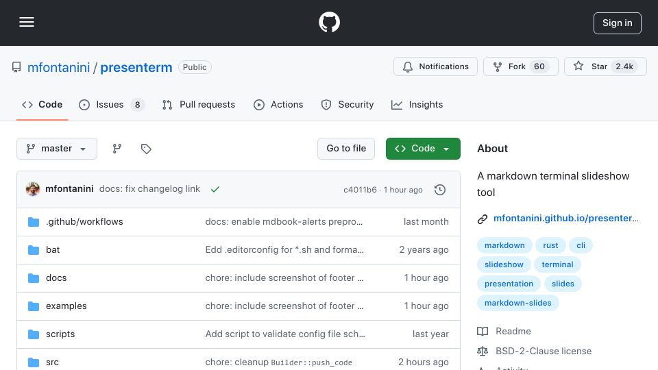 Screenshot of github.com: Presenterm: Markdown Slideshows in the Terminal