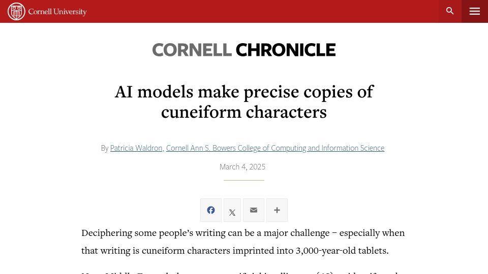 Screenshot of news.cornell.edu: AI models makes precise copies of cuneiform characters