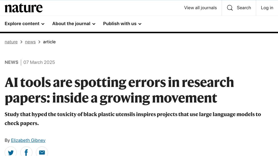 Screenshot of nature.com: AI tools are spotting errors in research papers