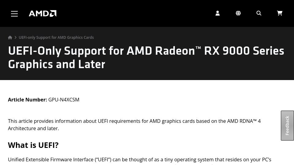 Screenshot of amd.com: UEFI-Only Support for AMD Radeon RX 9000 Series Graphics and Later
