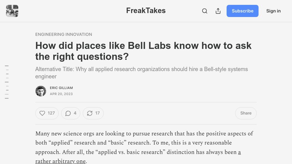 Screenshot of freaktakes.com: How did places like Bell Labs know how to ask the right questions? (2023)