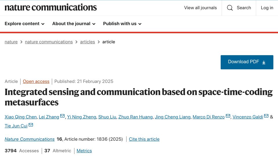 Screenshot of nature.com: Integrated sensing and communication based on space-time-coding metasurfaces
