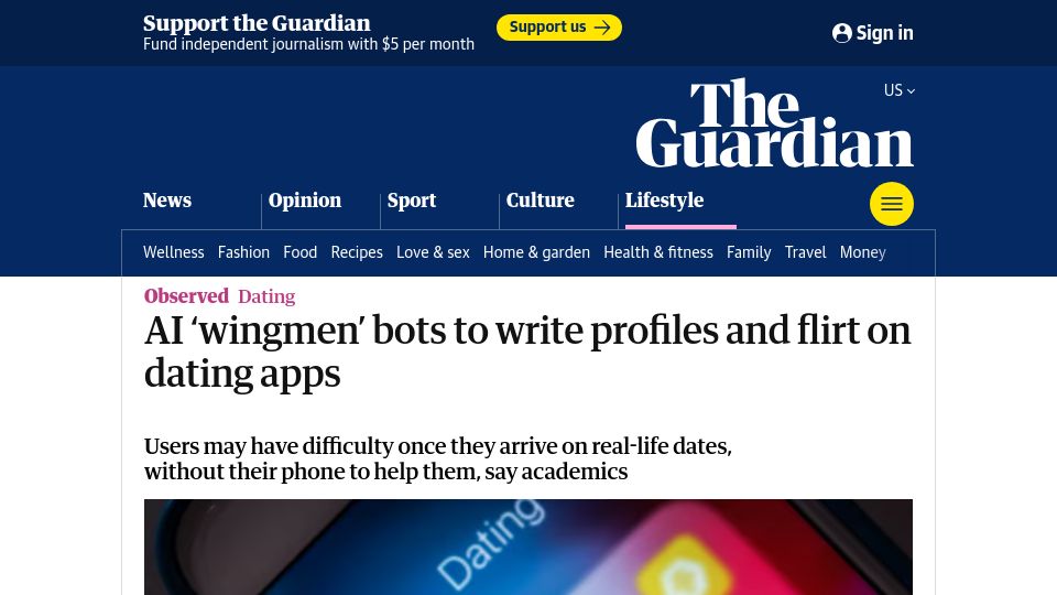 Screenshot of theguardian.com: AI 'wingmen' bots to write profiles and flirt on dating apps