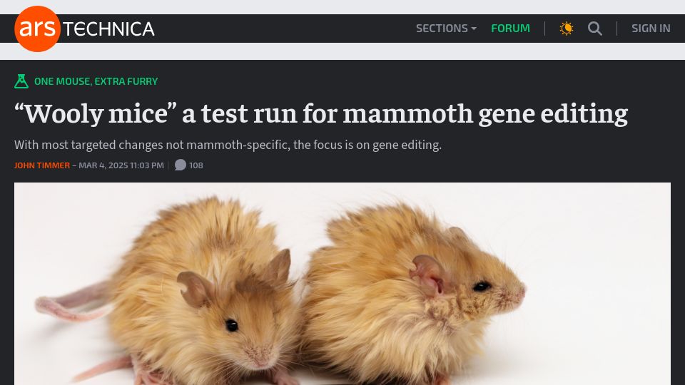 Screenshot of arstechnica.com: "Wooly mice" a test run for mammoth gene editing