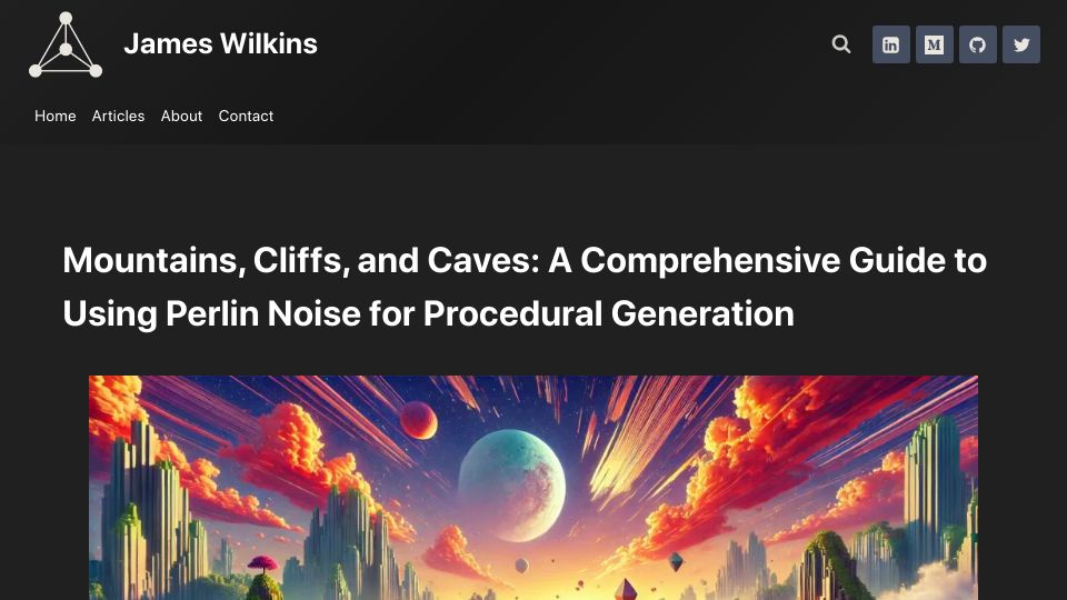 Screenshot of jdhwilkins.com: Mountains, Cliffs, and Caves: A Guide to Using Perlin Noise for Procedural Gen