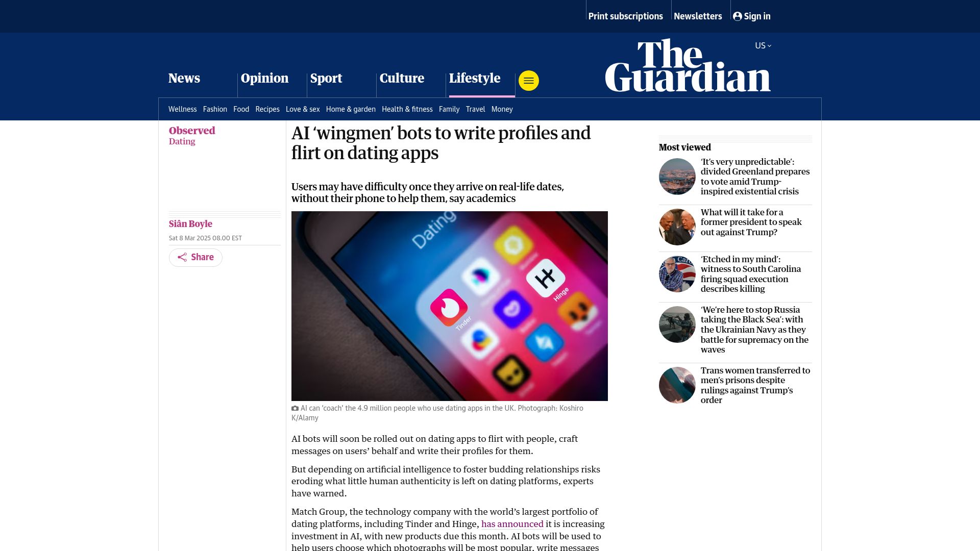Screenshot of theguardian.com: AI 'wingmen' bots to write profiles and flirt on dating apps