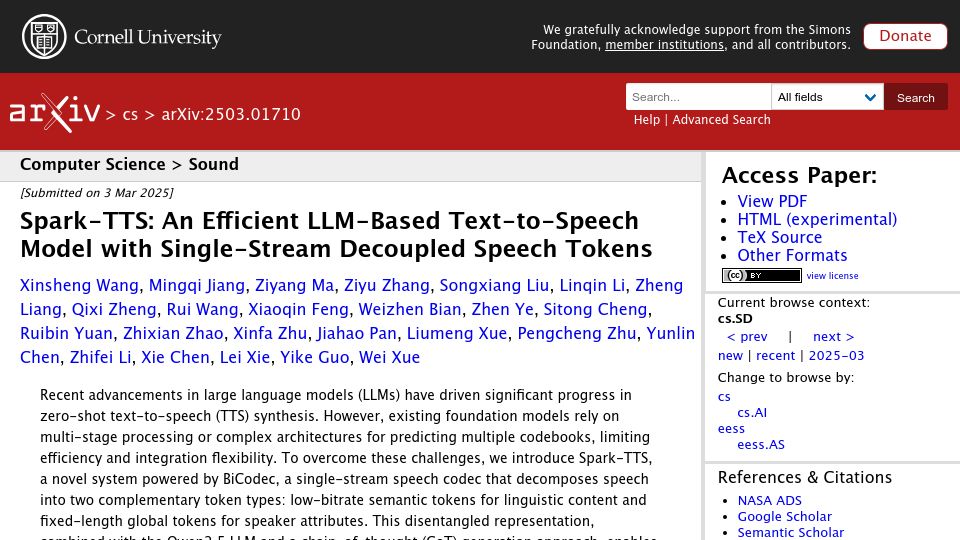 Screenshot of arxiv.org: Spark-TTS: Text-2-Speech Model Single-Stream Decoupled Tokens [pdf]