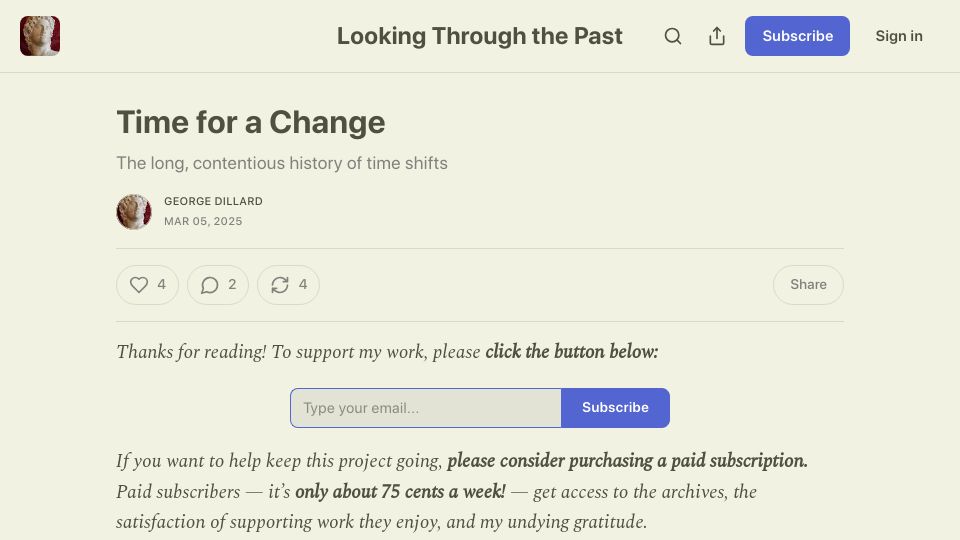 Screenshot of worldhistory.substack.com: Time for a Change: The long, contentious history of time shifts