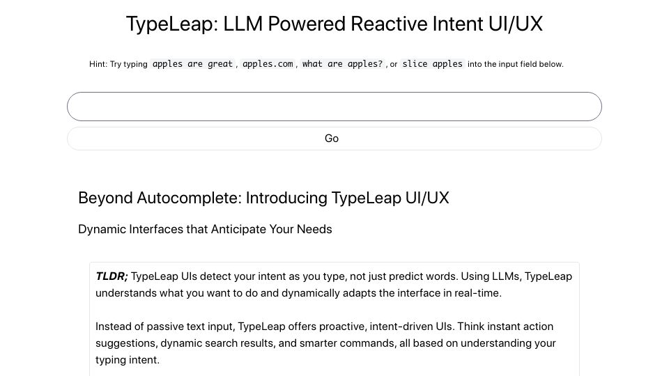 Screenshot of typeleap.com: Show HN: TypeLeap: LLM Powered Reactive Intent UI/UX