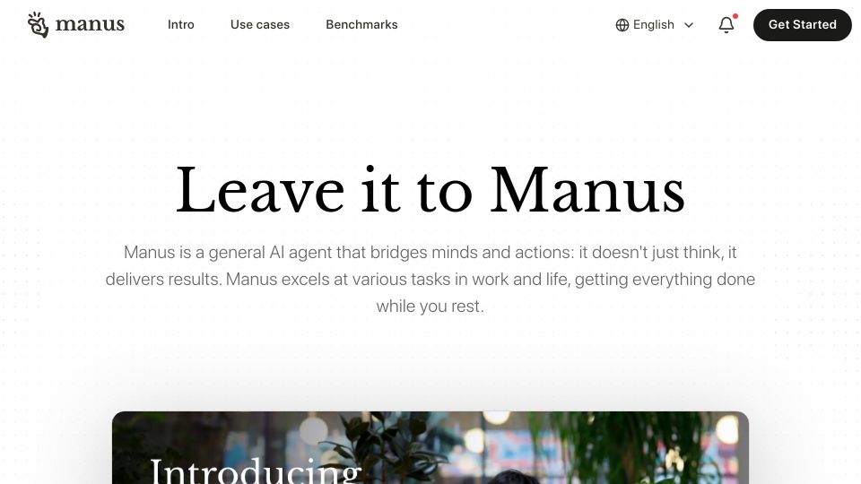 Screenshot of manus.im: Leave It to Manus