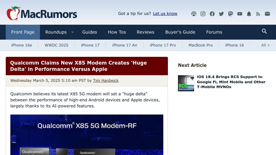 Screenshot of macrumors.com: Qualcomm Claims New X85 Modem Creates 'Huge Delta' in Performance versus Apple
