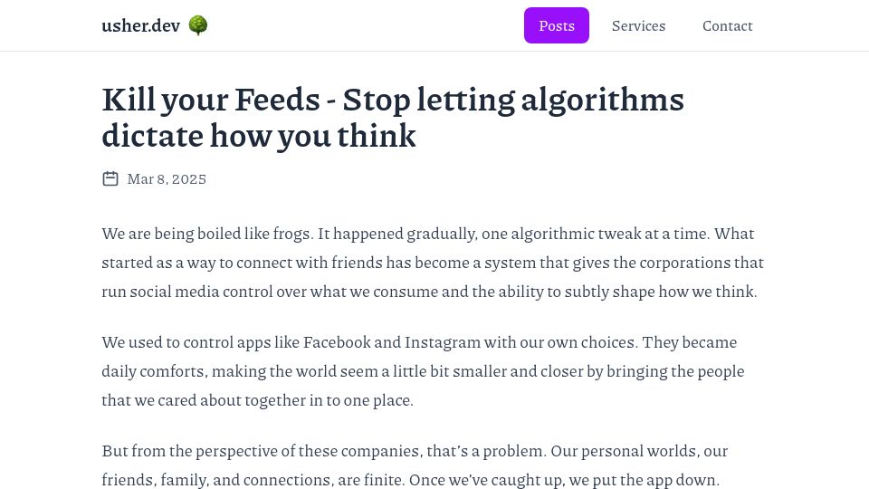 Screenshot of usher.dev: Kill your Feeds – Stop letting algorithms dictate what you think