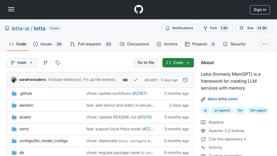 Screenshot of github.com: Letta: Letta is a framework for creating LLM services with memory
