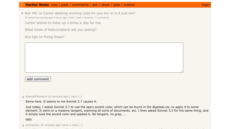 Screenshot of Hacker News post: Ask HN: Is Cursor deleting working code for you too or is it just me?