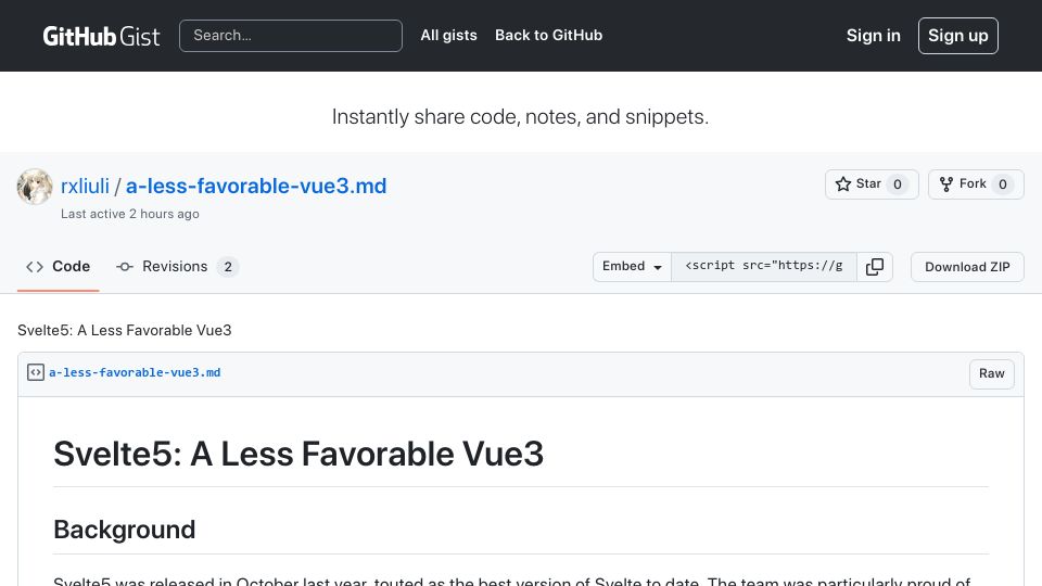 Screenshot of gist.github.com: Svelte5: A Less Favorable Vue3