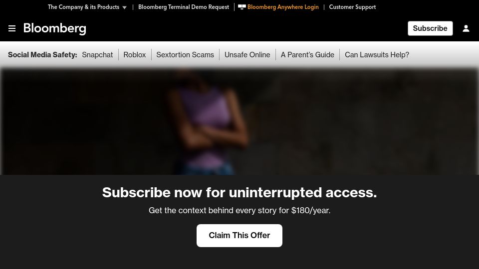 Screenshot of bloomberg.com: Sex Traffickers in Colombia Using Facebook, Tinder and Airbnb to Exploit Minors