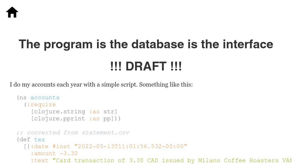 Screenshot of scattered-thoughts.net: The program is the database is the interface