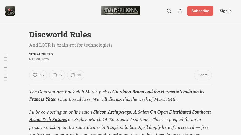 Screenshot of contraptions.venkateshrao.com: Discworld Rules