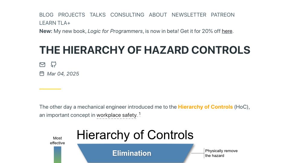 Screenshot of hillelwayne.com: The Hierarchy of Hazard Controls