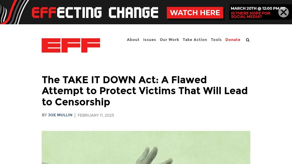 Screenshot of eff.org: Take It Down Act: A Flawed Attempt to Protect Victims That'll Lead to Censorship