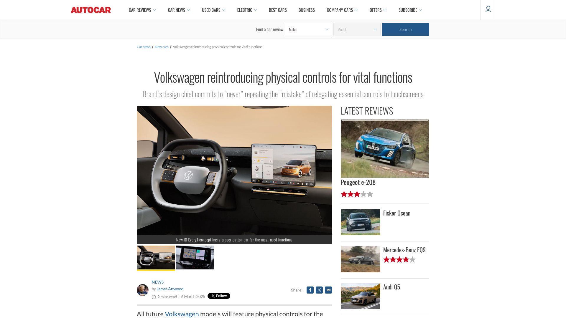Screenshot of autocar.co.uk: Volkswagen reintroducing physical controls for vital functions