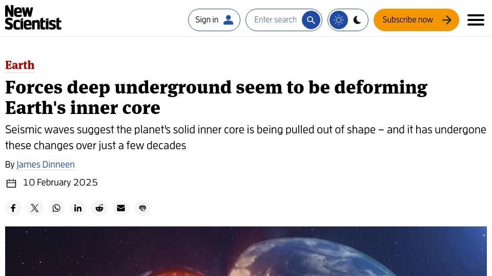 Screenshot of newscientist.com: Forces deep underground seem to be deforming Earth's inner core