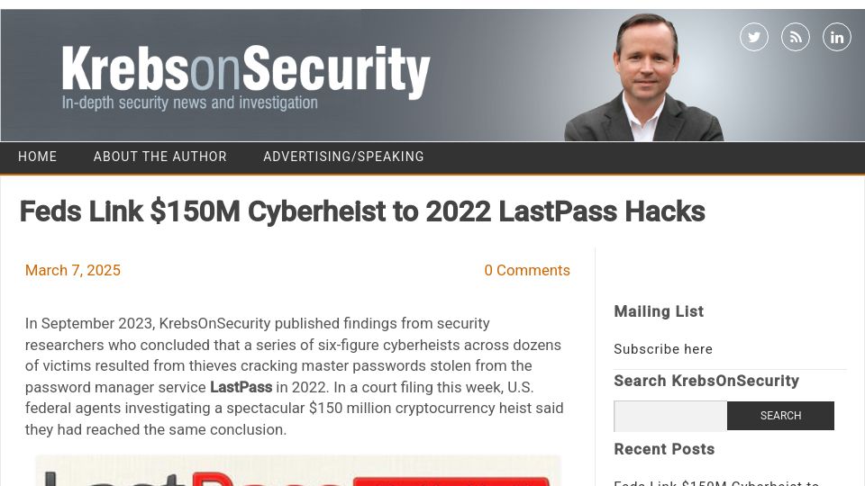 Screenshot of krebsonsecurity.com: Feds Link Cyberheist to 2022 LastPass Hacks