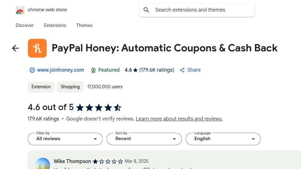 Screenshot of chromewebstore.google.com: PayPal honey extension has again "featured" flag in Chrome web store