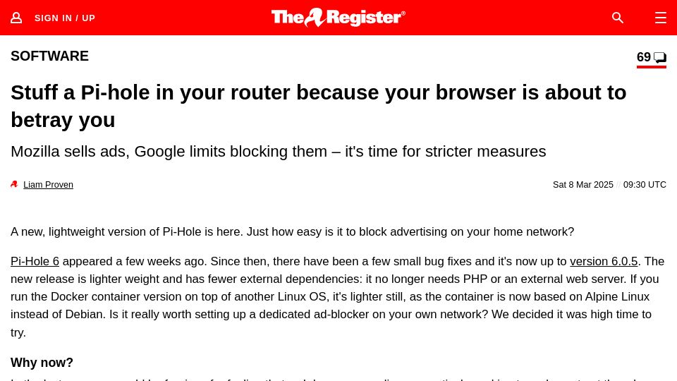 Screenshot of theregister.com: Stuff a Pi-hole in your router because your browser is about to betray you