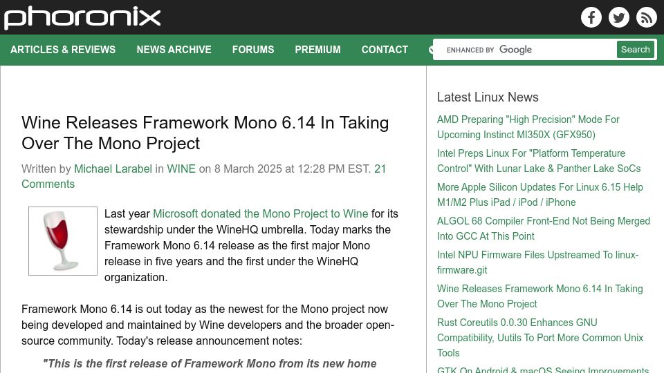 Screenshot of phoronix.com: Wine Releases Framework Mono 6.14 in Taking over the Mono Project