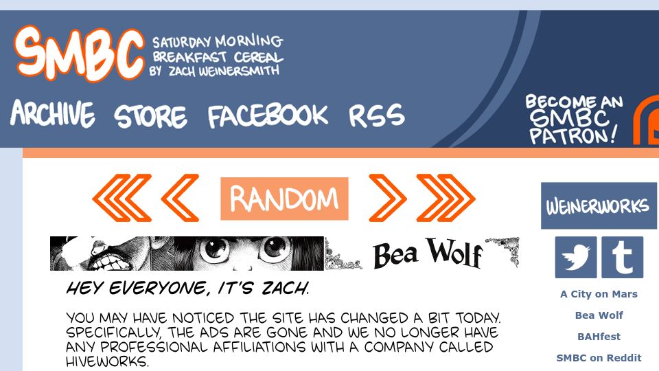 Screenshot of smbc-comics.com: SMBC Parts Ways with Hiveworks