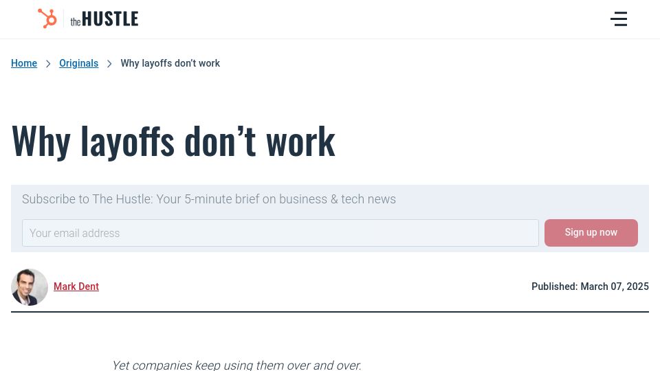 Screenshot of thehustle.co: Layoffs Don't Work