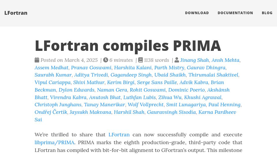 Screenshot of lfortran.org: LFortran compiles PRIMA