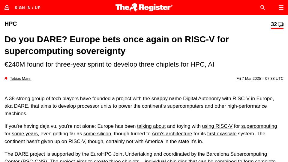 Screenshot of theregister.com: Europe bets once again on RISC-V for supercomputing