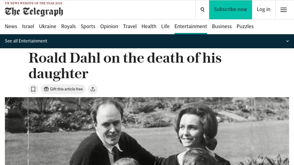 Screenshot of telegraph.co.uk: Roald Dahl on the death of his daughter (2015)