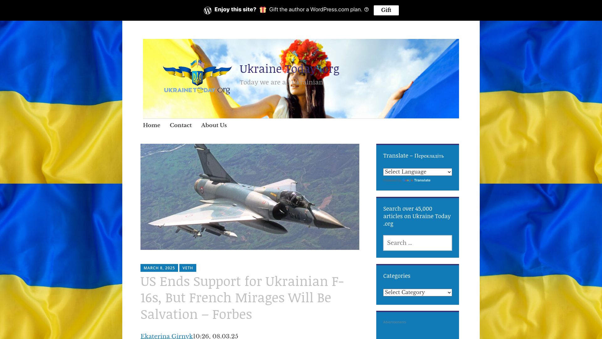 Screenshot of ukrainetoday.org: US Ends Support For Ukrainian F-16s