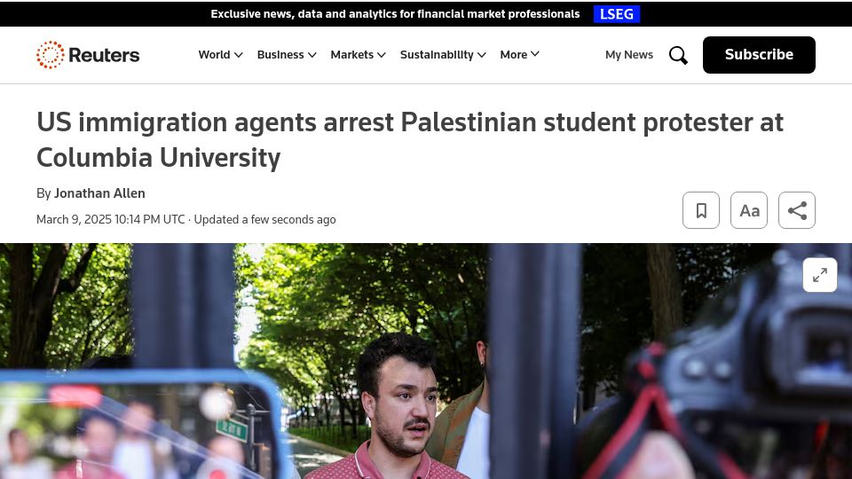 Screenshot of reuters.com: US authorities arrest Palestinian student protester at Columbia University