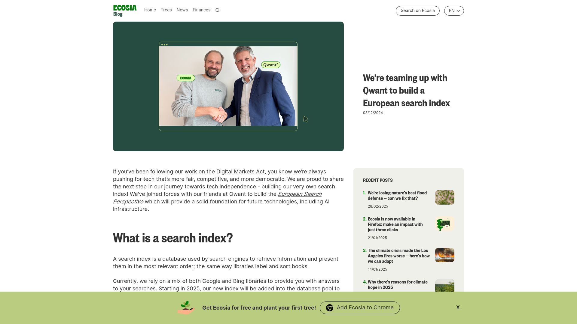 Screenshot of blog.ecosia.org: Ecosia is teaming up with Qwant to build a European search index