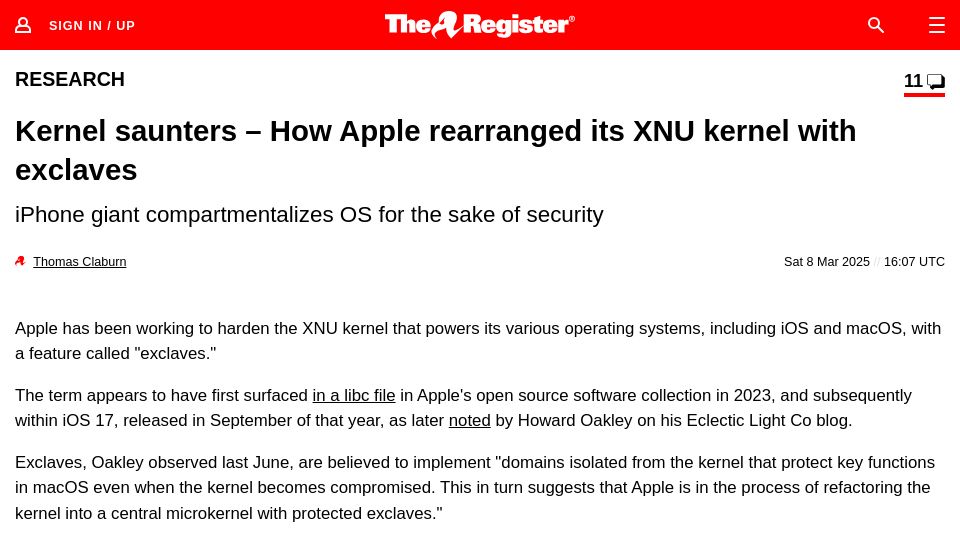 Screenshot of theregister.com: Apple rearranged its XNU kernel with exclaves