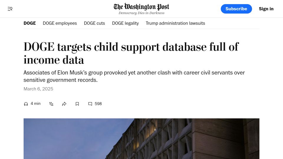 Screenshot of washingtonpost.com: DOGE targets child support database full of income data