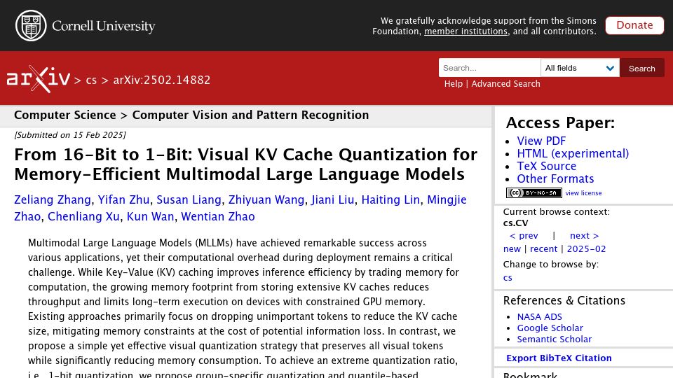Screenshot of arxiv.org: 16-Bit to 1-Bit: Visual KV Cache Quantization for Efficient Multimodal LLMs
