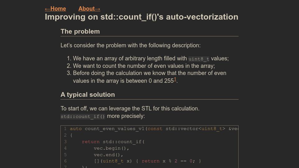 Screenshot of nicula.xyz: Improving on std:count_if()'s auto-vectorization