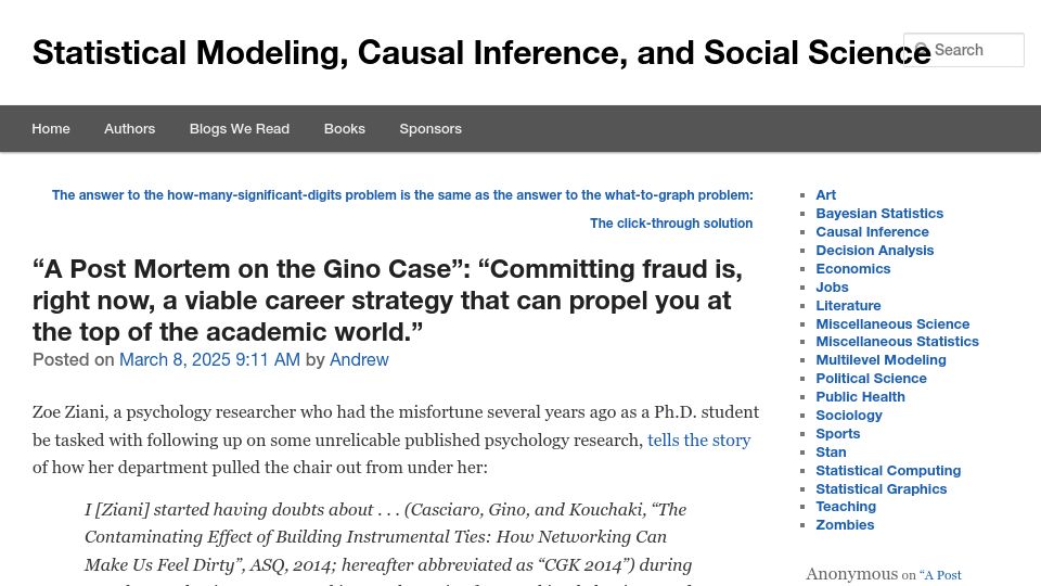Screenshot of statmodeling.stat.columbia.edu: A Post Mortem on the Gino Case